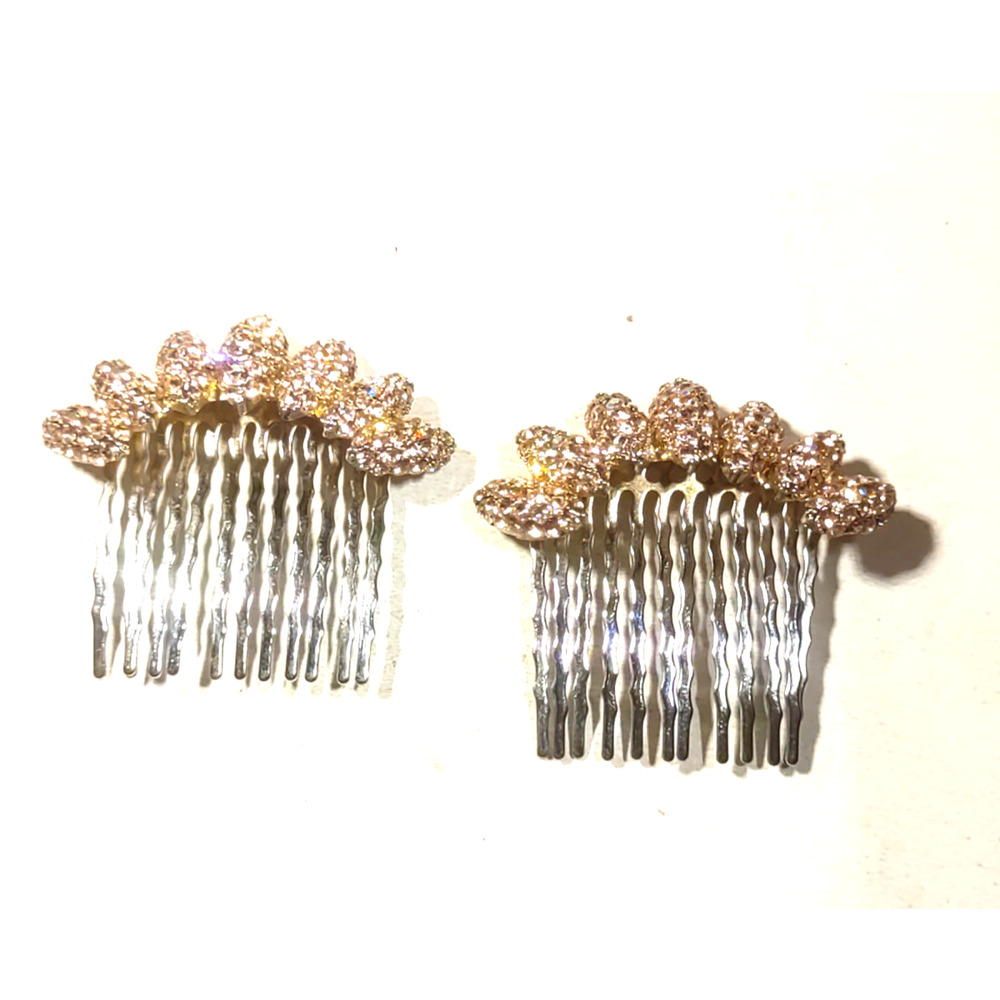 Matching hair Combs Barrettes Rose Gold Rhinestone Silver Tone Metal